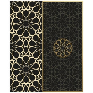 May include: A black and gold geometric pattern with a circular design in the center. The pattern is made up of repeating stars and lines.