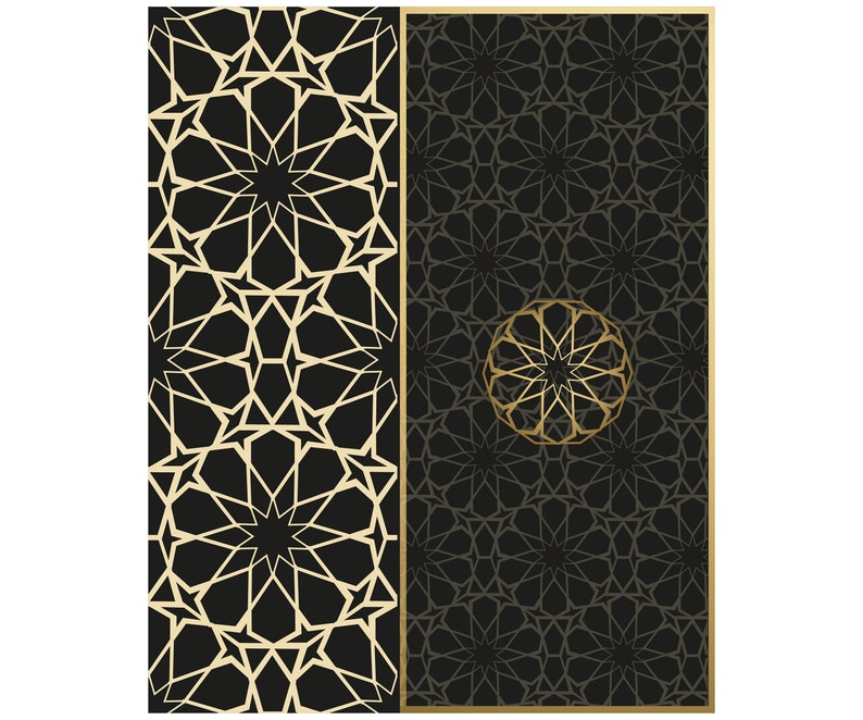 May include: A black and gold geometric pattern with a circular design in the center. The pattern is made up of repeating stars and lines.