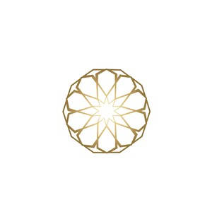 May include: A gold geometric design with a star in the center. The design is intricate and symmetrical.