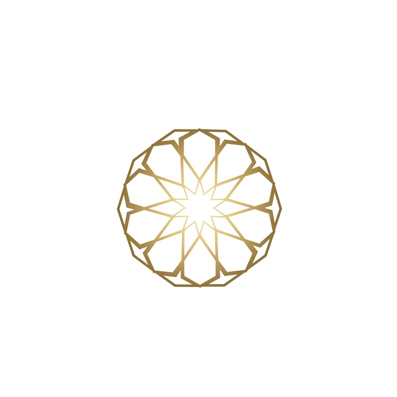 May include: A gold geometric design with a star in the center. The design is intricate and symmetrical.