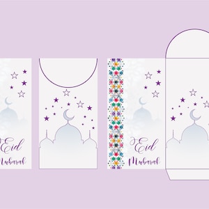 May include: A printable template for a white envelope with a purple border and a design of a mosque, crescent moon, and stars. The text "Eid Mubarak" is written on the envelope.