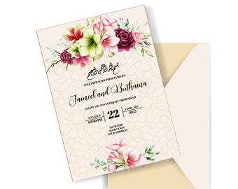 Könnte beinhalten: Eine Hochzeitseinladung mit einem floralen Design mit rosa, roten und grünen Blumen. Die Einladung ist für Jameel und Buthaina und gibt den Termin für den 22. Februar 2022 um 19:00 Uhr an.