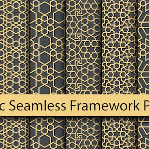Puede incluir: Nueve patrones de marco árabe sin costuras en oro y gris oscuro. Los patrones presentan diseños geométricos con estrellas, líneas y otras formas. El texto "9 Arabic Seamless Framework Patterns" se muestra en una pancarta dorada.
