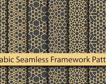 May include: Nine Arabic seamless framework patterns in gold and dark gray. The patterns feature geometric designs with stars, lines, and other shapes. The text "9 Arabic Seamless Framework Patterns" is displayed in a gold banner.