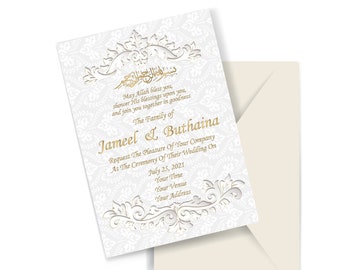 May include: White wedding invitation with gold lettering. The invitation reads "May Allah bless you, shower His blessings upon you, and join you together in goodness. The Family of Jameel & Buthaina Request The Pleasure Of Your Company At The Ceremony Of Their Wedding On July 25, 2021 Your Time Your Venue Your Address"