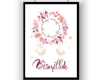 May include: A white framed print with a pink floral wreath and the word "Bismillah" in calligraphy. The wreath is made of pink roses and leaves, and there are two butterflies hanging from it.