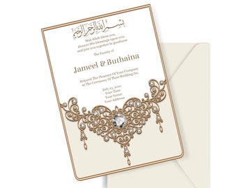 May include: A wedding invitation with a gold and white design. The invitation features an ornate heart design with diamonds and the text "Jameel & Buthaina" in a gold font.