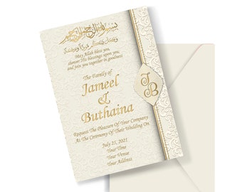 May include: A white wedding invitation with gold calligraphy and decorative flourishes. The invitation announces the wedding of Jameel and Buthaina on July 25, 2021. The invitation includes the time, venue, and address.