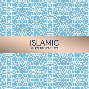 Puede incluir: Un patr&oacute;n geom&eacute;trico azul y blanco con el texto "ISLAMIC GEOMETRIC PATTERNS" en una pancarta marr&oacute;n.