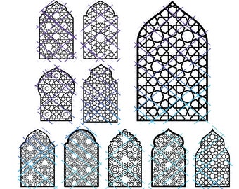 May include: Set of ten black and white geometric window designs with arched tops. The designs feature intricate patterns of stars, circles, and squares.