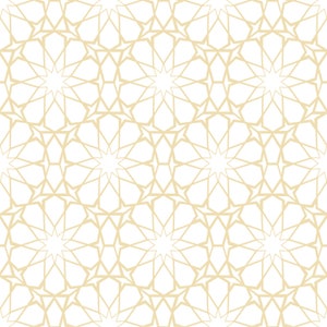 May include: A seamless pattern with a geometric design featuring intricate gold stars and lines on a white background.