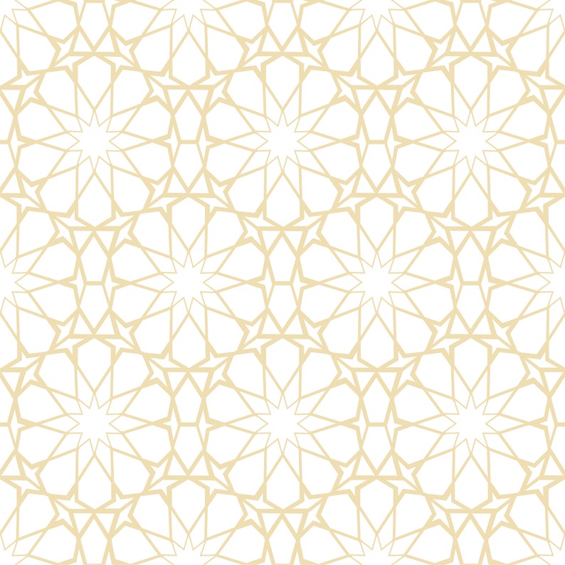 May include: A seamless pattern with a geometric design featuring intricate gold stars and lines on a white background.