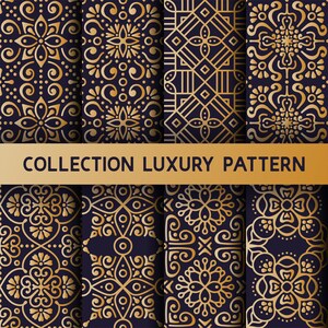 Peut inclure: Un ensemble de six motifs dorés et noirs. Les motifs sont complexes et géométriques, avec une touche de luxe. Le texte "COLLECTION LUXURY PATTERN" est affiché en haut de l'image.