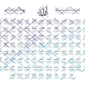 Può includere: Uno sfondo bianco con una grande parola araba "Allah" al centro. L'immagine è una griglia di 99 parole arabe, ciascuna con un numero e una traduzione in inglese. Le parole sono in uno schema di colori blu e viola. Il testo in alto recita: "E ad Allah appartengono i nomi più belli, quindi invocatelo con essi."