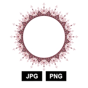 Könnte beinhalten: Ein dekorativer runder Rahmen mit filigranen floralen Designs in Rosa und Schwarz. Der Rahmen ist perfekt, um jedem Projekt einen Hauch von Eleganz zu verleihen.