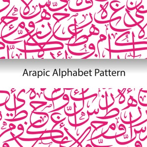 May include: A seamless pattern featuring the Arabic alphabet in a bold, pink font on a white background. The letters are arranged in a random, overlapping pattern, creating a dynamic and visually interesting design.