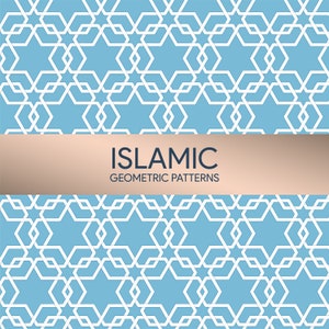 Puede incluir: Un patr&oacute;n geom&eacute;trico sin costuras de formas blancas sobre un fondo azul claro. El patr&oacute;n est&aacute; formado por estrellas y hex&aacute;gonos entrelazados. El texto "ISLAMIC GEOMETRIC PATTERNS" est&aacute; escrito en negro sobre una pancarta marr&oacute;n.