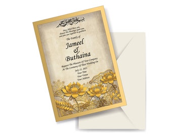 May include: A gold wedding invitation with an ornate floral design and the text "May Allah bless you, shower His blessings upon you and join you together in goodness. The Family of Jameel & Buthaina Request The Pleasure Of Your Company At The Ceremony Of Their Wedding On July 25, 2021 Your Time Your Venue Your Address"