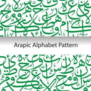 May include: A seamless pattern featuring the Arabic alphabet in green on a white background. The letters are stylized and overlapping, creating a complex and intricate design.
