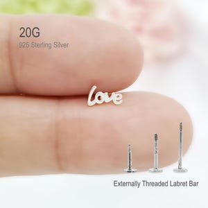 20G, Plain Love 925 SILVER Externally Threaded Labret Bar Piercing, Cartilage, Helix, Conch, Ear lobe Earring
