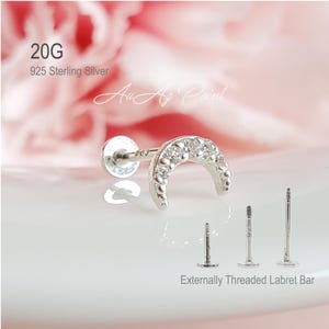 20G, Dainty Crescent Moon Cubic Zirconia 925 Sterling Silver Labret Bar earring, Cartilage, Helix, Conch, Ear lobe, Unique Gift for Her
