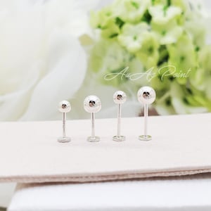 20G, bola de PRATA 925 de 3 mm / 4 mm com brinco de labret plano, piercing de cartilagem, hélice, tragus, lóbulo da orelha