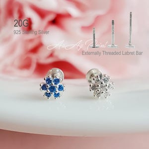 20G, Blossom Cubic Zirconia Labret bar 925 SILVER earring, Externally Threaded Cartilage, Helix, Conch, Ear lobe Earring
