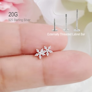 20G, Double Flower 925 Sterling Silver Labret Bar Cartilage, Sparkling Floral Helix,  Unique Minimalist Conch, Ear lobe