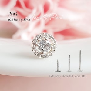 20G, Halo Cubic Zirkonia 925 SILBER Labret Ohrring, Knorpel, Helix, Muschel, Ohrläppchen