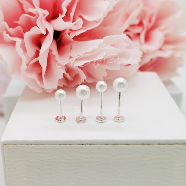 20G Flat Labret, 3mm, 4mm Pearl 925 SILVER stud Piercing, Cartilage, Helix, Tragus, ear lobe Earring