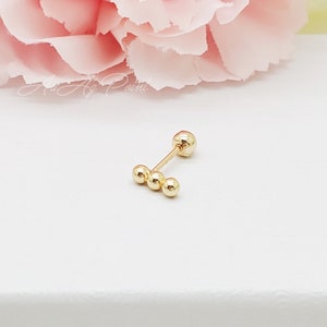 14K Solid Gold 3 balls Cartilage Earring, 20G Dainty Moon Conch, Helix Piercing, Ear Lobe  Earring