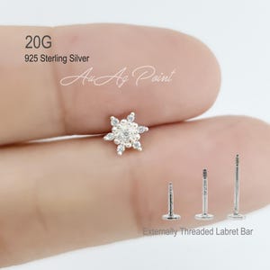 Star Flower Cubic Zirconia 925 Silver Labret Earring - 20G Externally Threaded Piercing