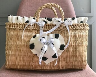 French Straw Bag With Handles. Natural Handmade Farmer’s Market Woven Basket. Neutral Rattan Embellished Black White Heart Tote Hand Bag.