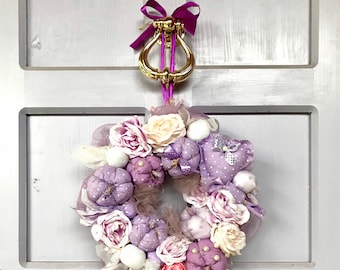 Purple Pumpkins Farmhouse Fall Wreath. Fabric Pumpkins Lilac Autumn Door Hanger 2023. Shabby Chic Handmade Thanksgiving Entrance Decoration