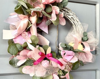 Green And Pink Spring Easter Wreath. Blush Front Door Faux Greenery Decoration 2024. Easter Eggs Entrance Decor. Romantic Eucaliptus Wreath.