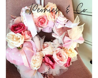 Pink Valentine’s Day Shabby Chic Wreath. Blush Velvet Girly Spring 2024 Door Decoration. Powder Pink Peony Rose Romantic Indoor Wall Decor.