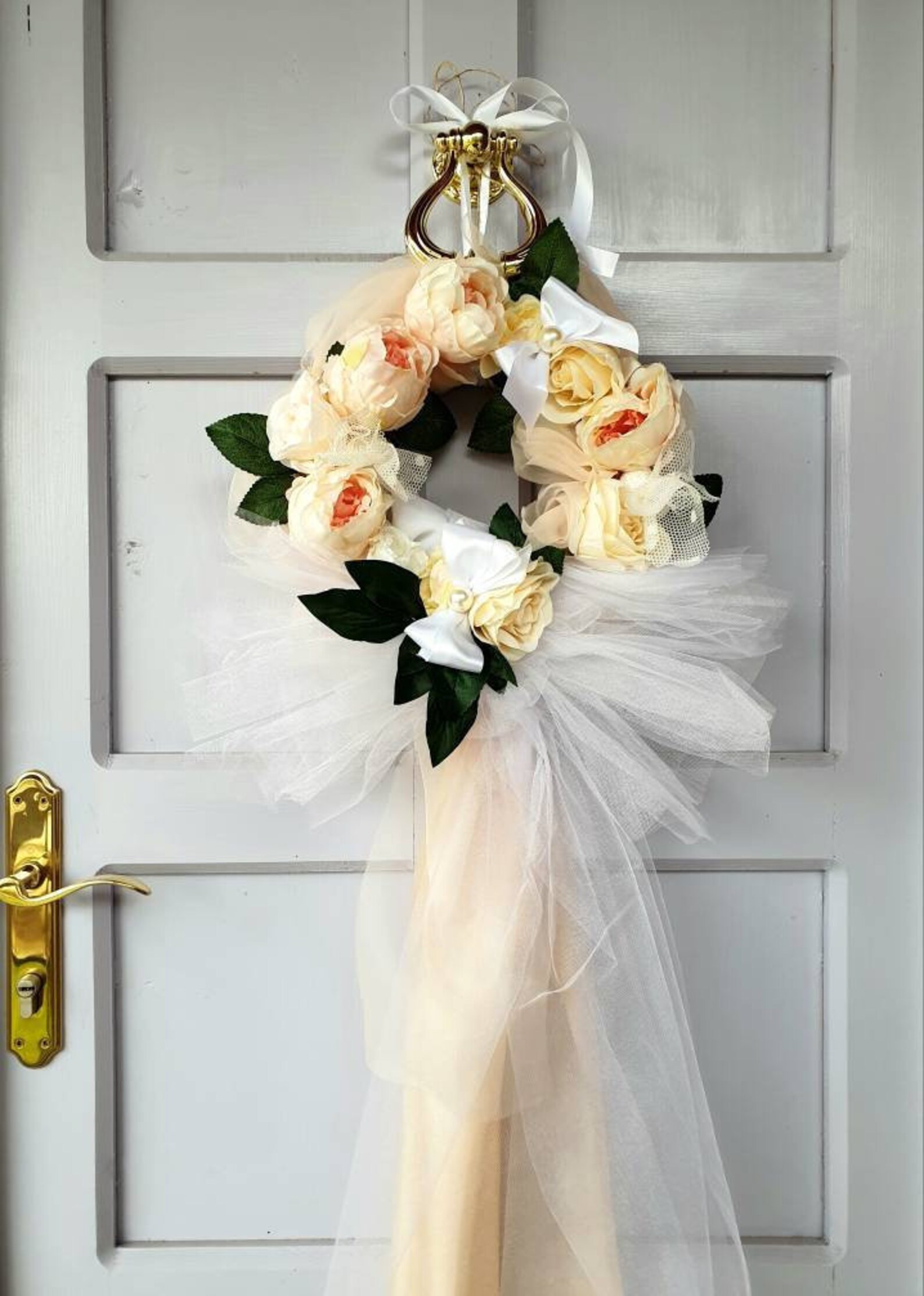 Wedding Veil Flowers Front Door Wreath. Bridal Tulle Beige and | Etsy