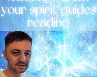 May include: A man in a white t-shirt is centered in front of a blue and white background with the text "Message from your spirit guides reading". The background has a glowing, ethereal effect.
