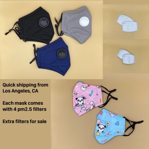 adult child kid face masks w/breathing vent, nose wire & filter pocket + 4 pm2.5 filters each.  Reusable and washable.  respirator