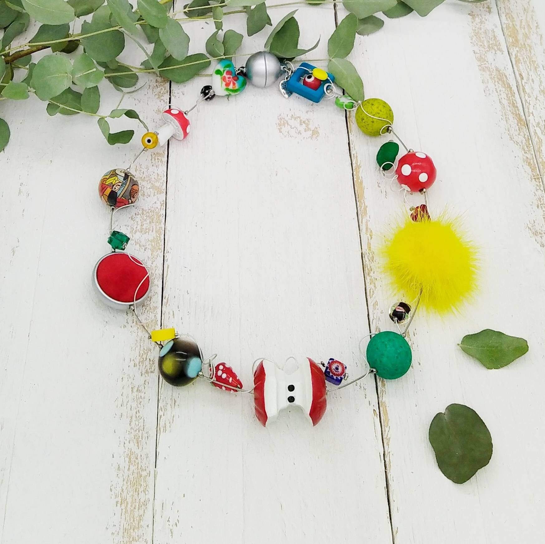 Extravagant, Colorful Statement Necklace With Apple Core and Pompom - Etsy