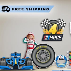 May include: A collection of racing-themed decorations, including a blue race car, a child in a racing suit, and various racing-related signs and symbols. The image includes the text "FREE SHIPPING" and "CUSTOMIZABLE".