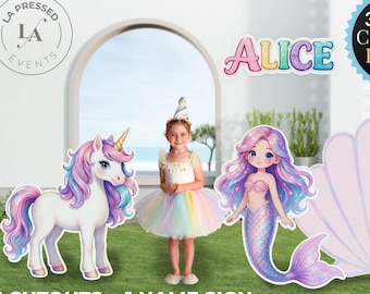 Personalized Unicorn Mermaid Birthday Decorations | Mermaid Name Sign | Unicorn Cutout Props | Pastel Birthday Party Decor | 4 Piece Set