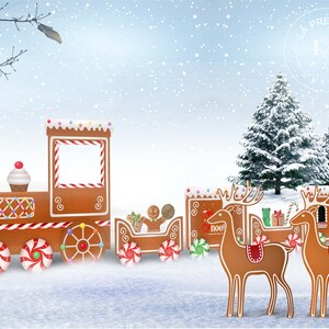 Gingerbread Christmas Train Set, Cutout, Photo prop with Reindeer. Candy Cane train.