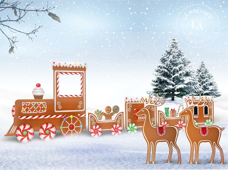 Gingerbread Christmas Train Set, Cutout, Photo prop with Reindeer. Candy Cane train.