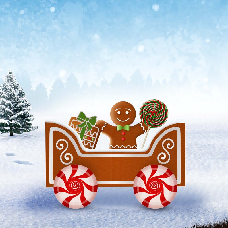 May include: A gingerbread man with a green bow tie sits in a gingerbread sleigh with a red and white candy cane and a gingerbread gift box. The sleigh is on a snowy background.