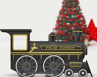 Op de afbeelding: Een zwarte speelgoedtrein met gouden accenten en de woorden "Polar Express" aan de zijkant. De trein heeft een bel aan de voorkant en het woord "Believe" aan de zijkant. De trein staat voor een wazige kerstboom.