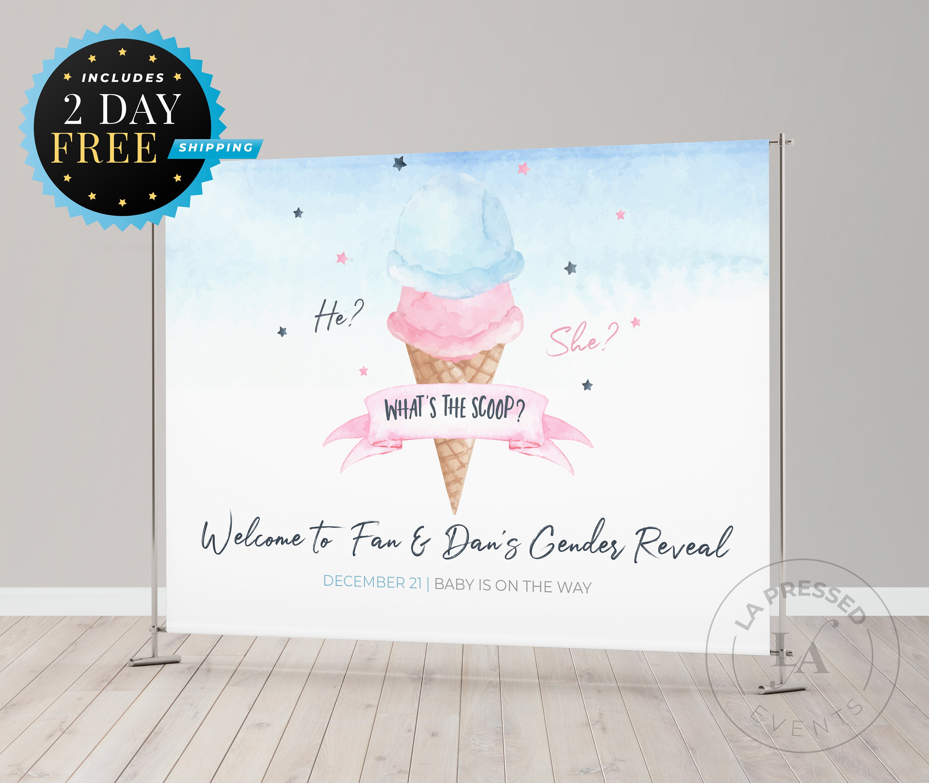 Gender Reveal Banner Gender Reveal backdrop Gender Reveal Sign Boy or Girl Sign Blue and Pink Ice Cream Gender Reveal Whats