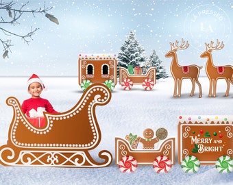 Gingerbread Christmas Sleigh Cutout, Reindeer Cutout, Lawn Sign, Christmas Yard Decorations, Holiday Party Yard Display, Gingerbread Decor
