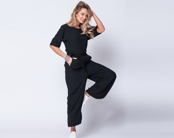 JUMPSUIT BLACK, half sleeve jumpsuit, jumpsuit women, jumpsuit half sleeve, romper jumpsuit, pants romper women, black jumpsuit women