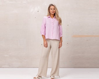 PURE LINEN SHIRT loose fit, pink boho linen shirt, pure linen shirt, 100% linen, 3/4 ruffled sleeves, short blouse